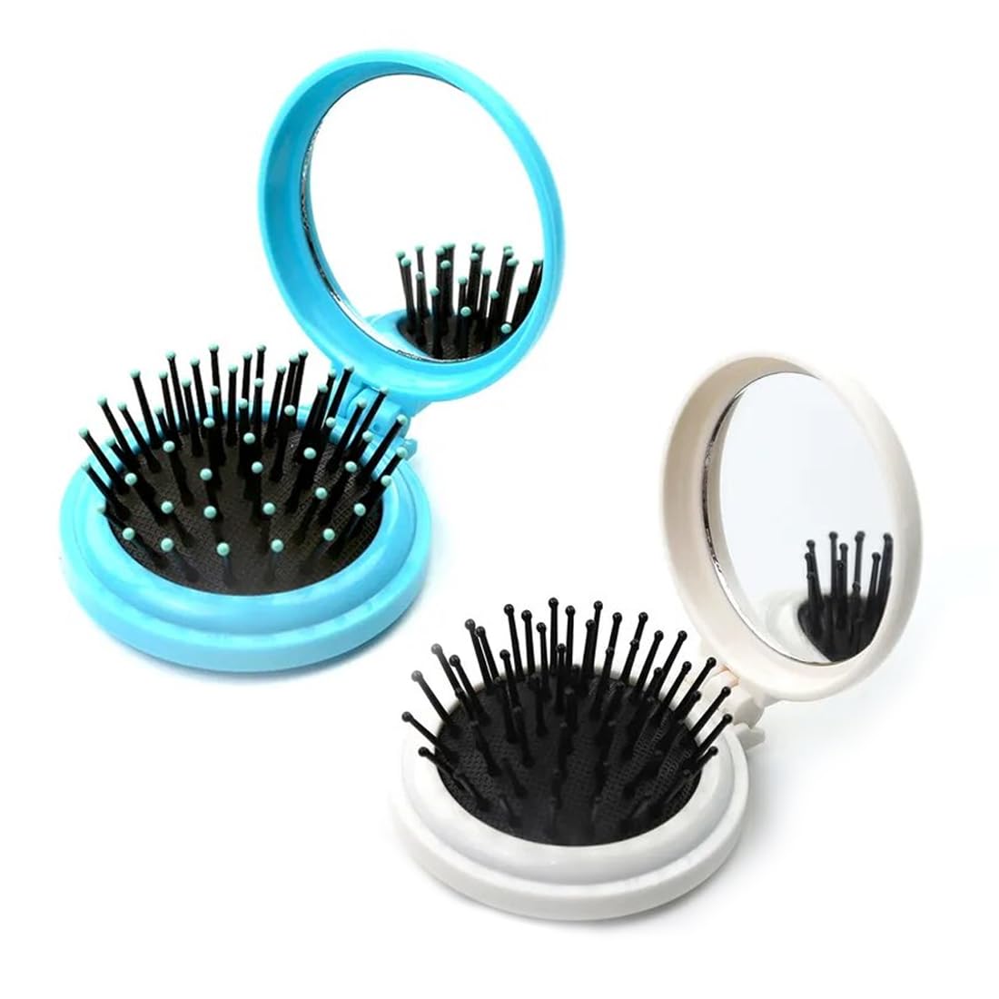 2 Piezas Cepillo Pelo Plegable con Espejo, Peine Pequeño Redondo Desenredante de Bolsillo, Perfecto para Llevar en tu Bolso y Aplicar Maquillaje, Cepillo Pelo Plegable Antitirones con Espejo