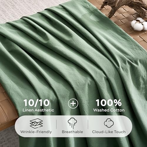 Image of JELLYMONI Duvet Cover Queen Size - Washed Cotton Comforter Cover with Linen-Like Texture,Breathable & Soft Bedding for Modern Home,Guest Room and Everyday Use,Dusty Green 1 Duvet Cover & 2 Pillowcases
