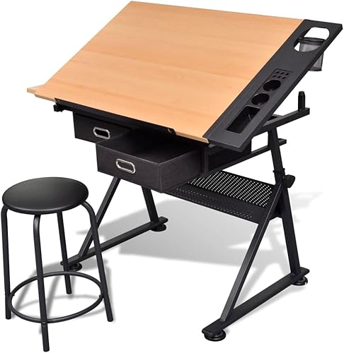 vidaXL Mesa de dibujo inclinable con dos cajones con taburete