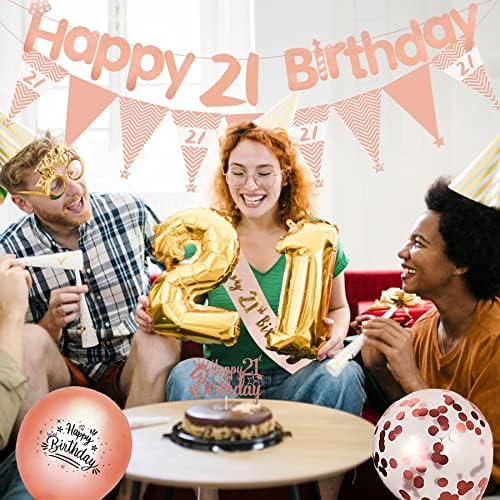 21st Birthday Decorations, 24PCS Rose Gold Party Decorations Happy Birthday Balloons, Happy Birthday Banner Triangle Flag Birthday Sash Cake Topper, Perfect Birthday Decoration for Women