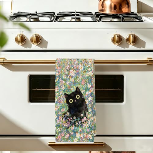 Image of Cute Cat Kitchen Towels 24x14 Inch, Cats Gifts Floral Reusable Dish Towels for Kitchen Bathroom Home Decor, Waffle Weave Absorbent Hand Cloth Tea Towel, Cat Lover Gifts for Women Mom Friend