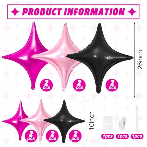 Image of Hot Pink Black Star Balloons,12Pcs Four Angle Star Foil Balloons | 26Inch and 10Inch Pink Black Quadrangle Star Helium Balloon for Birthday Baby Shower Wedding Party Decorations