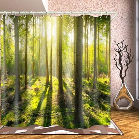 LYFANS Bathroom Uses Sunshine Forest 3D Shower Curtains, Bathtub Uses Luxurious Standard Waterproof Shower Curtains, Washable Fabric Shower Curtains, with 12 White Hooks, 71x79 Inches. Cover