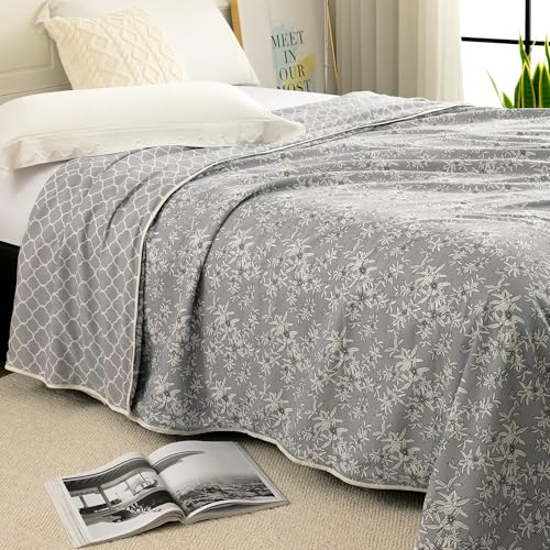 Image of Story@Home Dohar Double Bed Cotton | 150GSM 225 x240 cm Quilt AC Blanket for Summer | AC Comforter Double Bed | Grey & White Floral & Abstract Reversible Design Duvet | All-Season Blanket