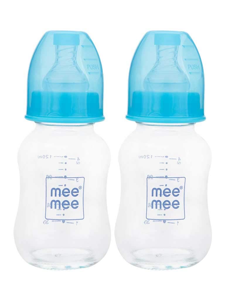 Mee Mee Premium Glass Feeding Bottle with Eazy-Flow Technology, Anti-Colic Valve,Anti Slip,BPA-Free Baby Feeding Bottle for Babies & Toddlers(Blue, 120Ml)