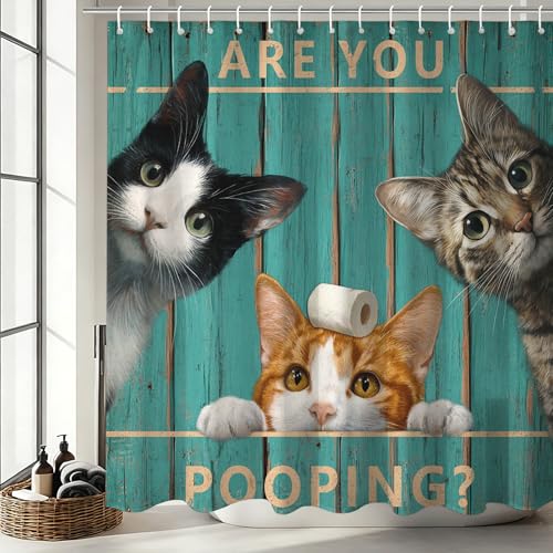 Mocsicka Vintage Funny Cat Shower Curtain with 12 Hooks Retro Farmhouse Green Plank Door Bath Curtain for Farmhouse Cute Fun Cat Bathroom Decor Waterproof Fabric 72 X 72 Inch