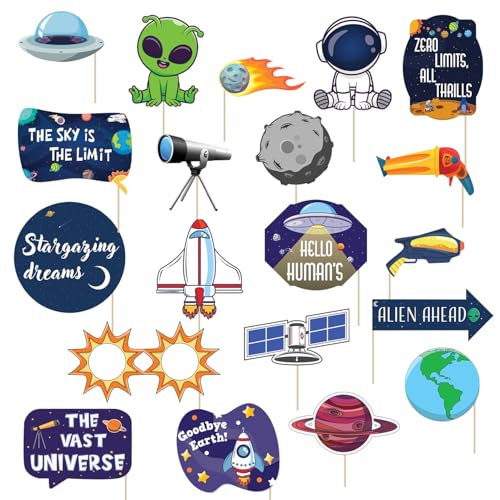 Image of Party Propz Space Theme Birthday Decoration Kit - 20 Pcs Space Photo Booth Props with Sticks, Astronaut, Rocket, Alien Design Party Props for Kids, Astronaut Theme Birthday Decoration (Cardstock)