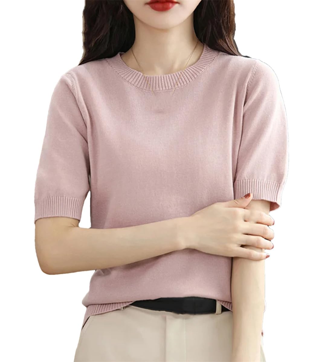 T-shirt tricoté en coton fin Kelsiop pour femme avec col rond et coupe ample d'été - 8