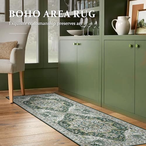 Deerly Green Vintage Runner Rug 2x6 Hallway Runners Boho Non-Slip Entryway Throw Rug Faux Wool Non-Slip Washable Low-Pile Floor Carpet for Indoor Front Entrance Kitchen Bathroom, Green/Multi