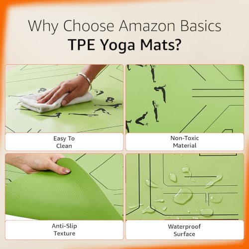 Image of Amazon Basics Alignment TPE Yoga Mat with Yoga Strap | 6 mm Thick | Non-Slip Grippy Surface | Guide Line Alignment for Posture Accuracy | Lightweight & Durable Rubber-Like Material | Floor Protection | Ideal for Yoga, Pilates & Fitness | 183 X 61 cm | Emerald
