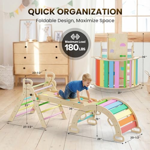 Image of BlueWood Pikler Triangle Set with Safe Handle, Foldable 7-in-1 Montessori Toddler Climbing Toys Indoor, Wooden Pickler Climbing Set, Baby Jungle Gym & Playground, Climbing Toys for 1-3 Year, Colorful