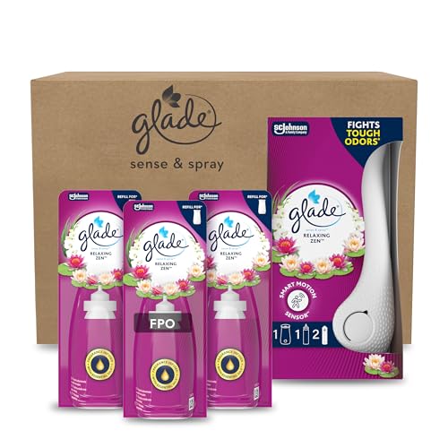 Glade Ambientador Autómatico Sense & Spray Relaxing Zen, con Sensor de Movimiento, Dura Hasta 180 Días, con Aceites Esenciales, Pack 1 Difusor + 3 Recambios