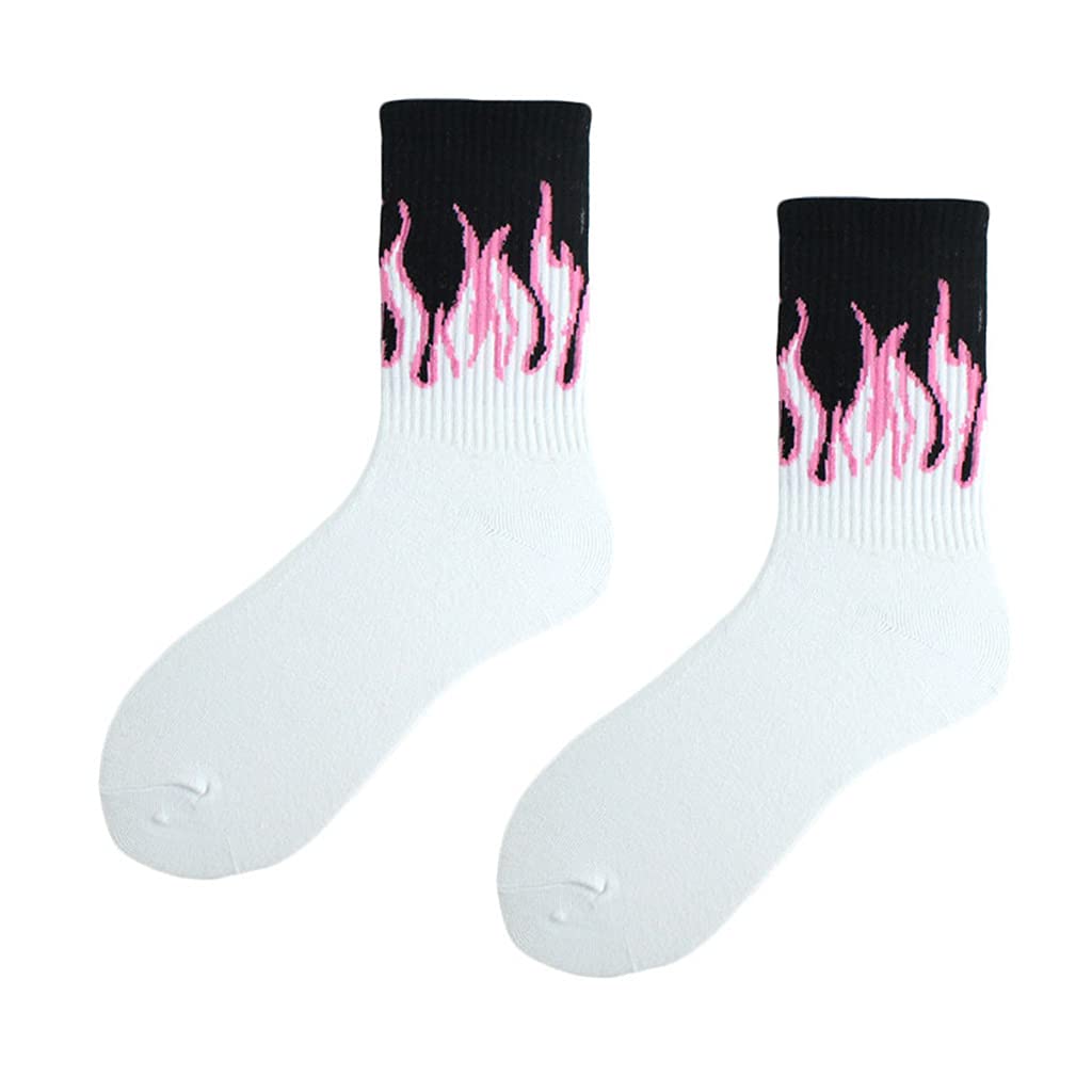 QUEENYARD Harajuku Unisex Flame Print Crew Socks Hip Hop Contrast Color Skateboard Hosiery