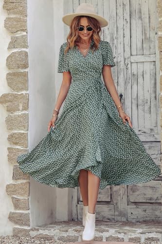 PRETTYGARDEN Women's Summer Maxi Dress Casual Wrap Floral Boho Short Sleeve V Neck Split Ruffle Beach Long Dresses