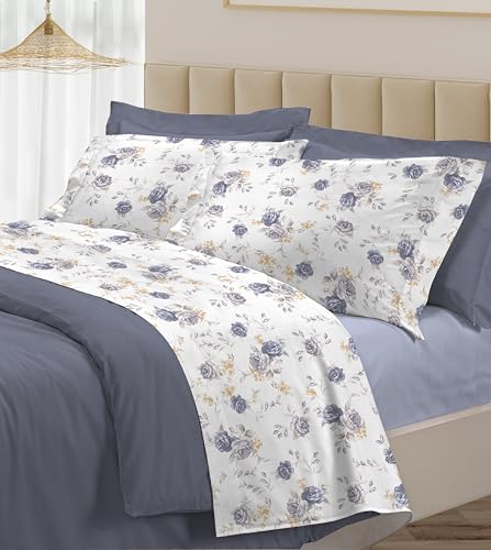 Riad Arredo Juego de sábanas 100% algodón percal italiano – Juego de sábanas suave y delicado, fabricado en Italia (flores grises, matrimonial)