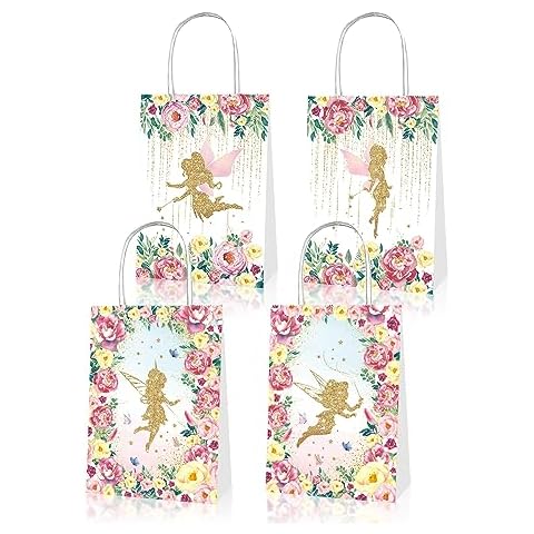 YOMINY 12 Pieces Little Elf Party Favor Bags, Princess Prince Paper Gift Bags Goodie Bags with Handles, Candy bags for Birthdays, Mothers Day, Bridal Showers, Baby Showers and More Cover