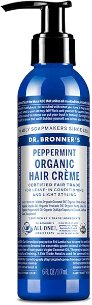 Dr. Bronner's - Organic Hair Crème (Peppermint, 6 Ounce) - Leave-In Conditioner and Styling Cream, Made with Organic Oils, Hair Cream Supports Shine and Strength, Nourishes Scalp, Non-GMO
