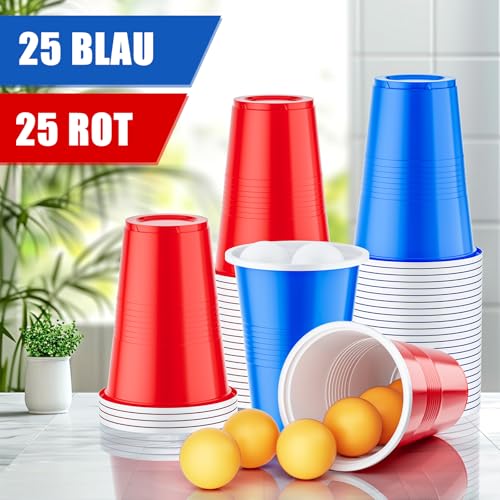 Urtioty Bierpong Becher Set, Beer Pong Becher Enthält 50 Becher und 12 Tischtennisbälle, 500ML Beerpongbecher Partybecher für Party Trinkspiele Weihnachten Camping Geburtstag Hochzeit