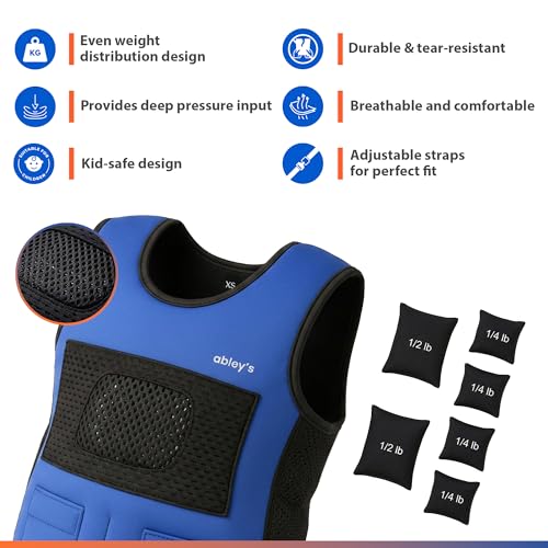 Image of Abley's Kids Weighted Vest for Sensory Integration - Calming Deep Pressure Sensory Vest for Autism, SPD, ADHD - Adjustable Neoprene Body Wrap with 6 Removable Weights - Blue, Small (0.9 KG)