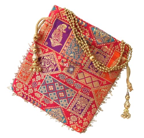 Image of MILAN'S CREATION Potli Banarasi Silk Brocade Bag Purse Drawstring Women's handbag with Pearl Handle & Tassel Weddings