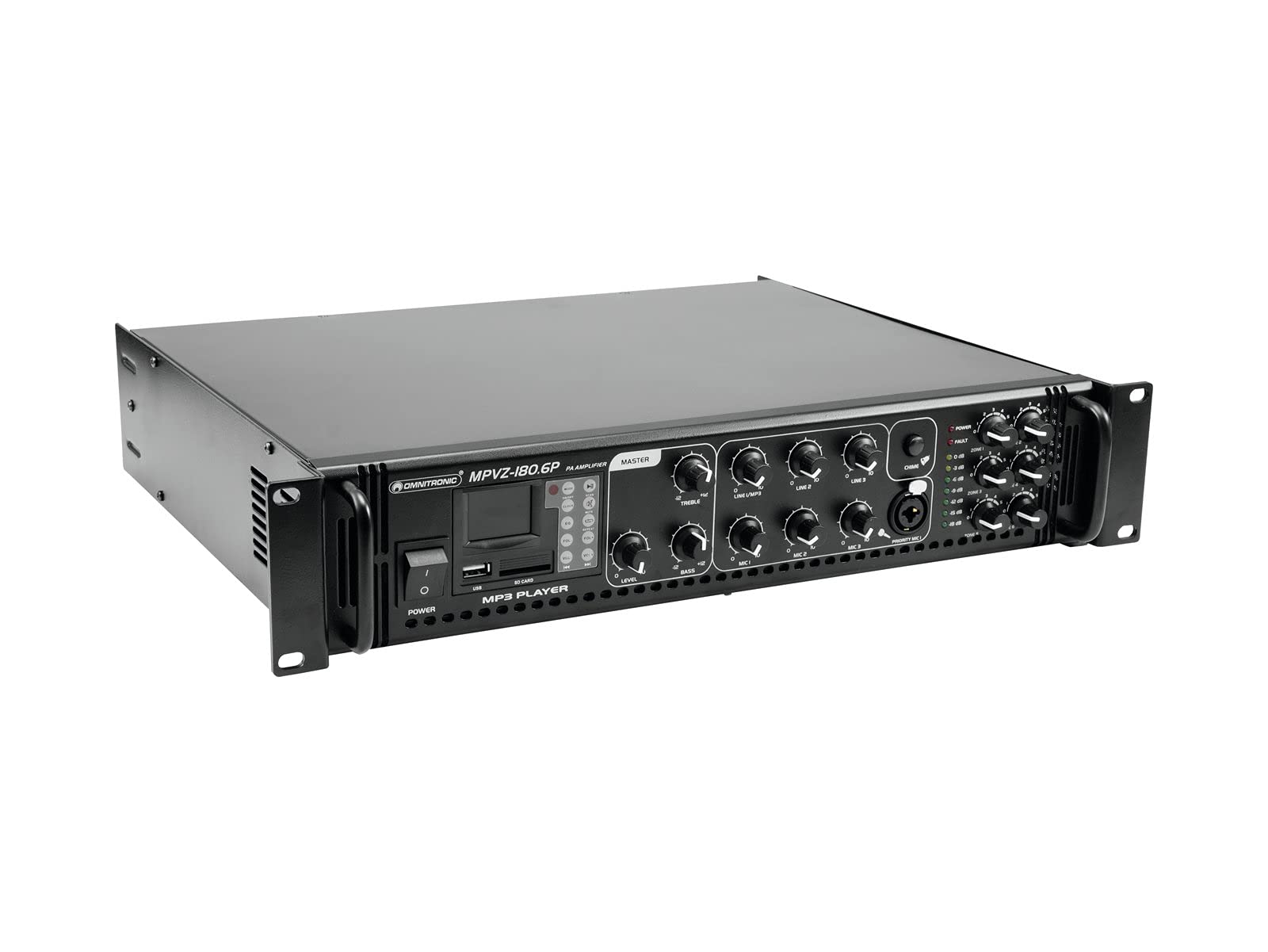 OMNITRONIC MPVZ-180.6P Mischverstärker | 6-Zonen-ELA-Mono-Mischverstärker, MP3-Player & IR-FB, Zonen regelbar, 180 W
