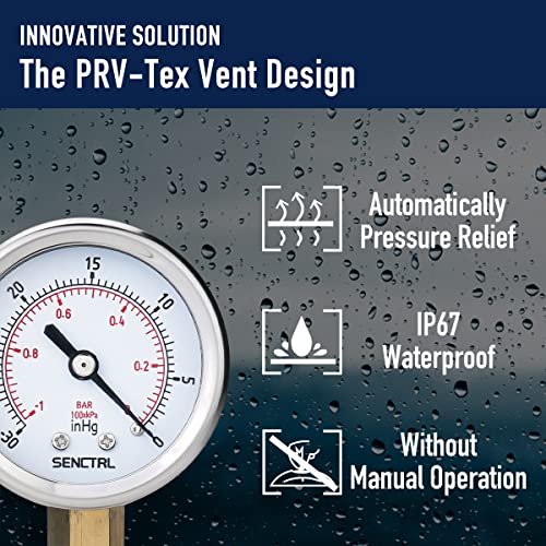 Image of SENCTRL 30inHg Vacuum Pressure Gauge, 2 inch Dial, 1 /8 NPT Lower Mount, Waterproof, Stainless Steel Case, for Tube Tester, HVAC, Pneumatic Air Compressor, Hand Pump, Valve Test