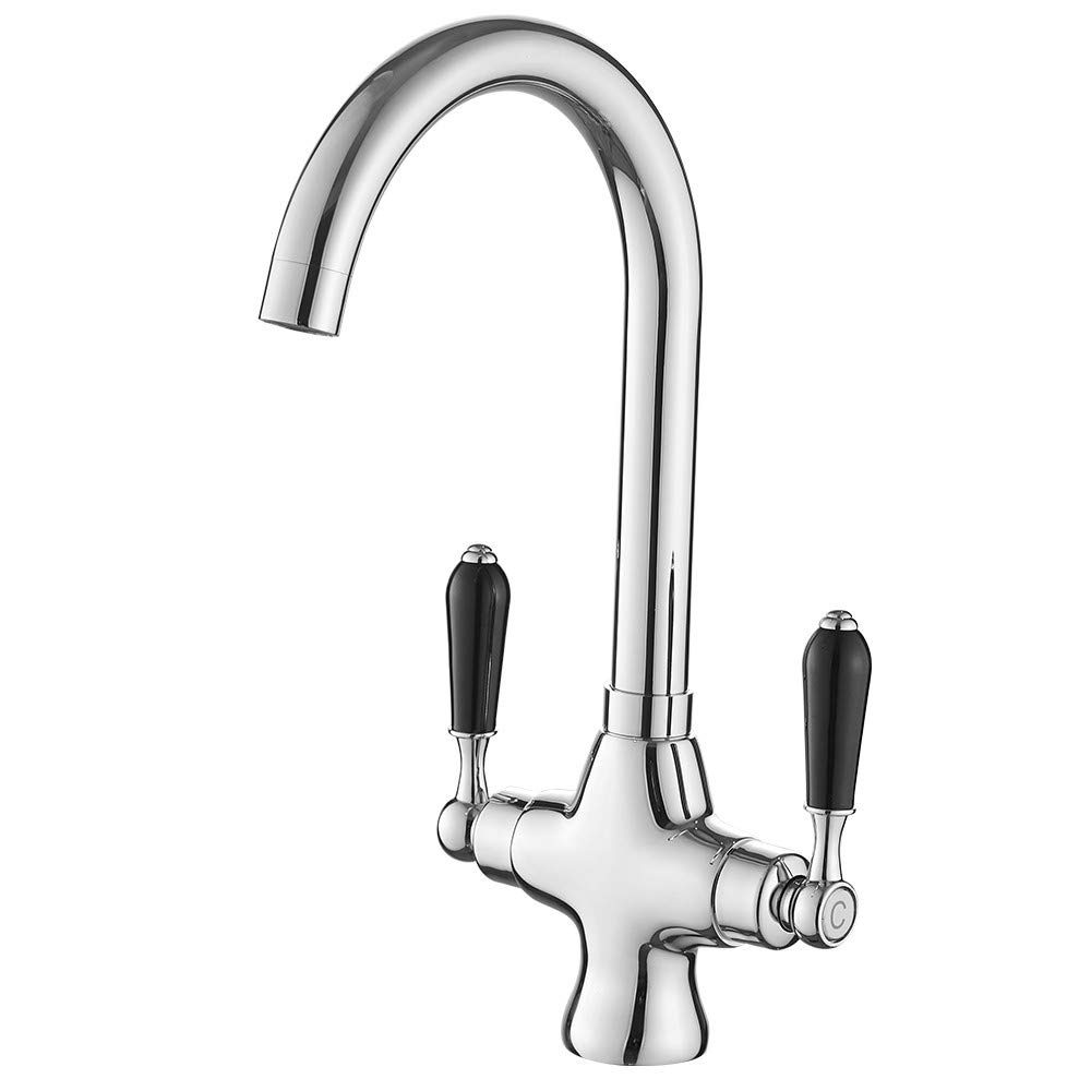 Heable Black Handle Modern Kitchen Mixer Tap Black Ceramic Dual Lever Monobloc Swivel Spout Chrome Kitchen Sink Taps With Uk Standard Fittings