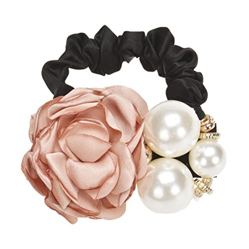 Tenworld Women Girl Pearls Beads Rose Flower Hair Band Rope Scrunchie Ponytail Holder (Khaki)