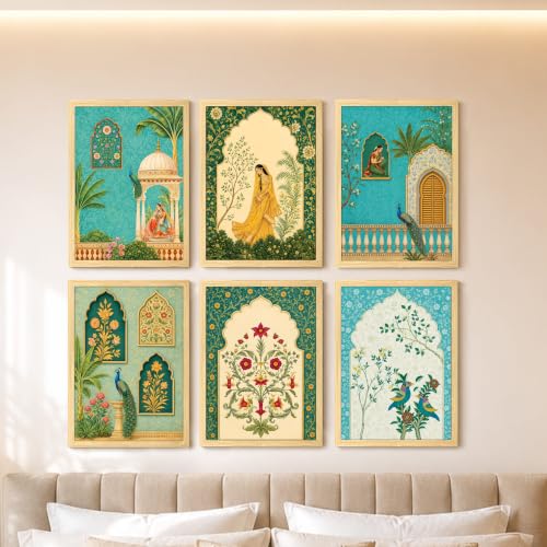 Image of PAINTINGMANTRA Madhubani Wall Paintings for living room, Mughal Queen Floral Madhubani Wall Art Painting with frame for Home wall Decoration, Office, Set of 6, 13x18 Inch