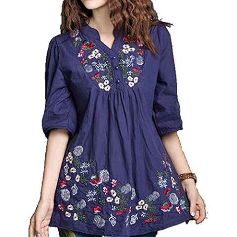 Kafeimali Women's Mexican Blouse Embroidered Peasant Dressy Tops 3/4 Sleeve Shirt (Navy Blue) Cover