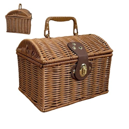 Cesto in da picnic, coperchio intrecciato vintage con scatola portaoggetti per picnic, cestino della spesa, per decorazione di interni, casa di campagna, appartamento, esterno, campeggio,