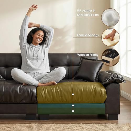 Image of Faux Leather Sofa, Mid Century Modern Leather Upholstered Deep Loveseats, Comfy Cloud Couch, Tufted Pillow Top Arm Furniture for Living Room, Apartment, Chocolate