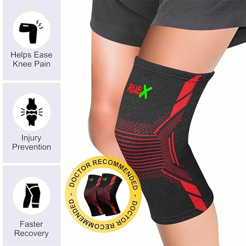 Image of RUBX Active Knee Cap Support for Men & Women | Pain Relief Knee Brace | Anti-Sweat & Comfortable | Compression Knee Supporter for Joint Support, Sports, Gym & Injury Recovery (1 Pair) Red. Medium