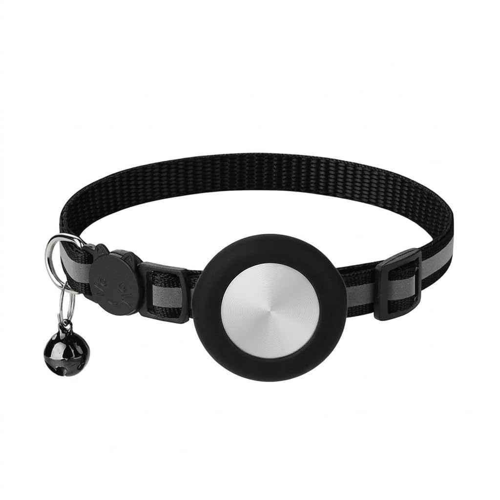 Collar de gato para soporte, tamaño S, ajustable, con tira reflectante y funda de silicona, protección segura para gatos, rastreador GPS (sin dispositivo de rastreo), color negro
