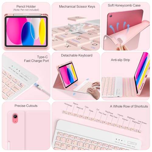 Image of COO Keyboard Case for iPad 11th A16 /10th Gen | Detachable Bluetooth Keyboard, Pencil Holder, Auto Wake /Sleep, 3 Angles, Shockproof PU TPU Cover, Pink