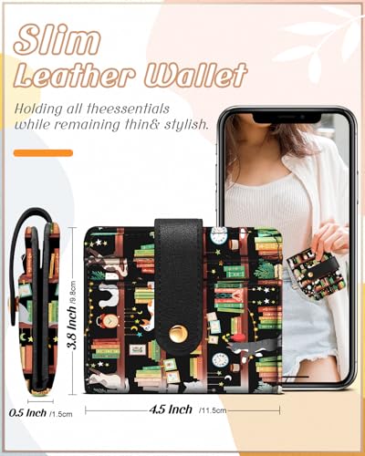 Image of Bistup Small Card Wallet for Women with Keychain, Cat & Bookshelf | Clear ID Window, Compact Design for Daily Carry, Durable Material, Sturdy Keychain, Aesthetic