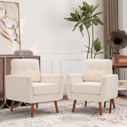 Tbfit Linen Fabric Single Sofa, Accent Chair, Mid Century Modern Armchair for Living Room, Bedroom Button Tufted Upholstered Comfy Reading Sofas, Beige