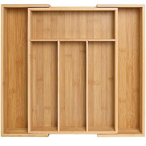 JS HOME Bamboo Expandable Drawer Organizer for Utensils Holder, Adjustable Silverware Organizer and Cutlery Tray, Wood Drawer Dividers Organizer for Silverware, Flatware, Knives in Kitchen