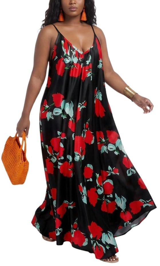 Image of Women's Casual Summer Maxi Dresses Sleeveless Adjustable Spaghetti Strap Loose Plus Size Dresses