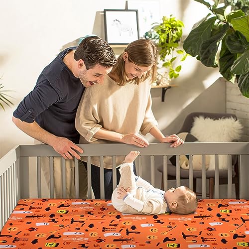 Image of JISEN Baby Crib Sheet 1 Piece Portable Fitted Crib Sheet for Standard Crib and Toddler Mattresses Nursery Bed Decor for Boys Girls 28x52 Halloween Ghost