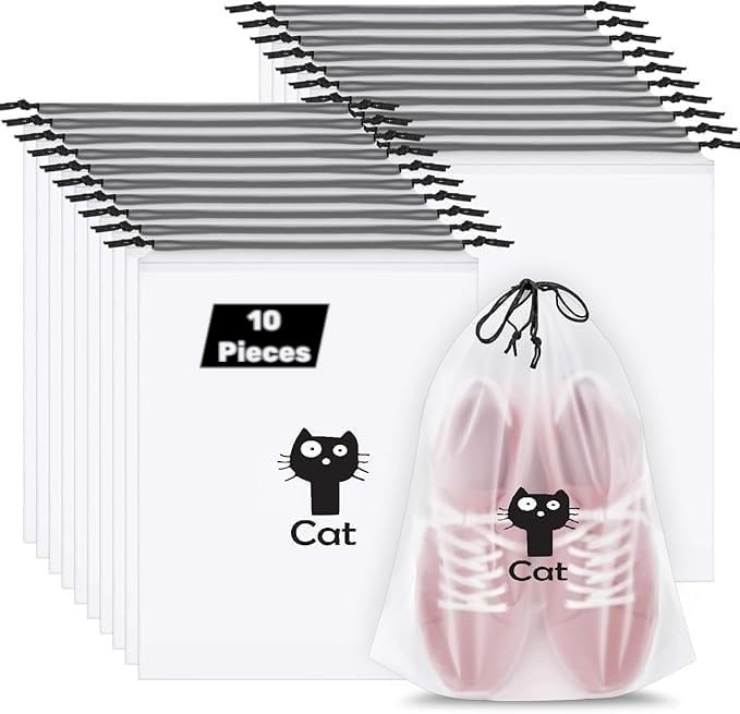 Cat Pattern Travel Storage Bags with Drawstring, 10 Pack, Clear Waterproof Shoes Organizer (Storage Bag, 10, Count)-image-2
