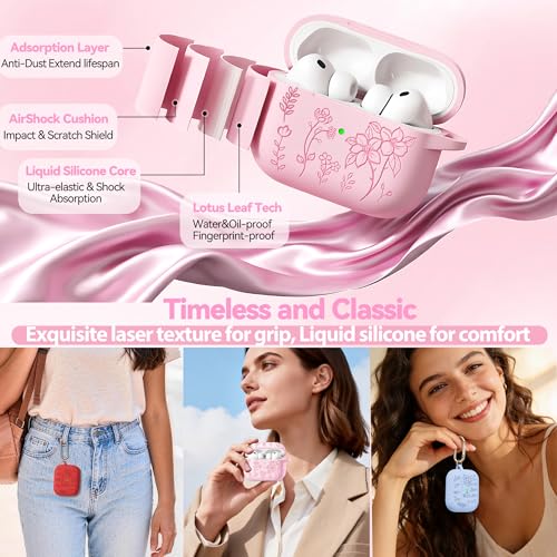 Image of Ekoonpft for AirPods Pro 3 Case Pink, Flower Engraved Soft Silicone Case | with Cleaner & Foral Charm Keychain, Cute Girly Stylish Women iPods Pro 3 Accessories - Shockproof, Scratch & Dust Resistant