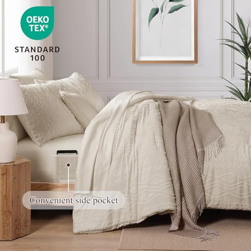 Image of AMBERSPACE Full Size Comforter Set Beige, Tufted Boho Bedding Farmhouse Bed Set, All Season 7 Pieces Bed in a Bag with Sheets, Pillowcases & Shams