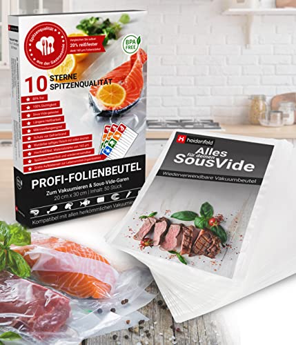 Heidenfeld 𝐏𝐫𝐨𝐟𝐢 Vakuumbeutel - 50 Stück - 20x30cm - Folienbeutel für Lebensmittel - Vakuumiererbeutel - Folie BPA frei - Folienschweißgerät - Vakuumierer - Sous Vide (50x 20 x 30 cm) Cover