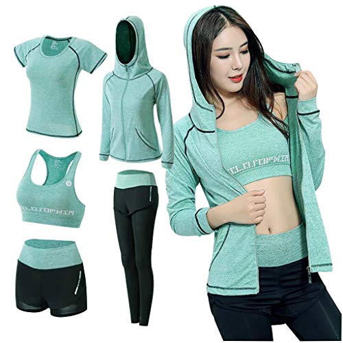 Women's 5pcs Sport Suits Suits Yoga Athletic Clothing Set Jogging Tracksuits Winter Fitness Clothing (Green, L)