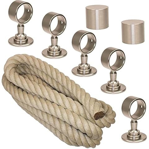 Handlaufseil Set 30mm - bestehend aus 2 Endkappen 5 Seilträger vernickelt und 5m "Nature Touch" Handlaufseil naturfarben Cover