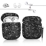Newseego for AirPods 1 & 2 Case, Keychain+Anti-Lost Strap+Ear Hooks+Watch Band Holder, Protective Bling Crystal Glitter Luxury Shining Diamond Rhinestone Gift Scratch/Drop Proof-Black