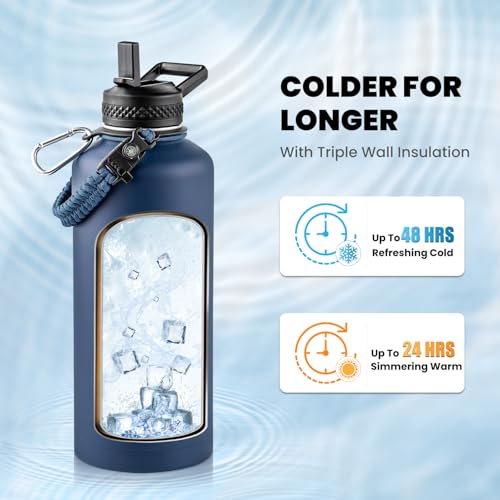 Image of RAYMYLO Insulated Water Bottle 87 oz, Triple Wall Vacuum Stainless Steel (Cold for 48 Hrs), Leak Proof & Non-BPA, Modern Water Flask Jug with Paracord Handle & Straw Spout Lids, Navy Blue