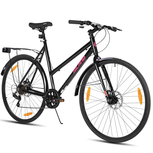 Hiland 700C Bicicleta de Carretera, Bicicleta Urbana de 7 velocidades y 28 Pulgadas, Bicicleta cómoda para Adultos con Frenos de Disco, Unisex, Negro