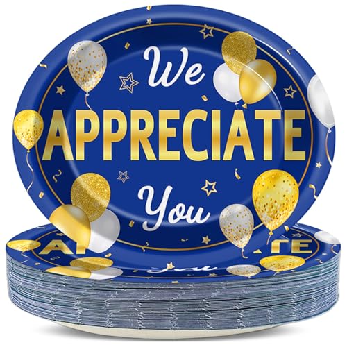 50 Pcs We Appreciate You Party Plates Thank You Plates CNA Appreciation Week Supplies Large 11 Inch Employee Appreciation Party Oval Paper Plate Platter for Teacher Doctor Nurse Staff, Blue Gold